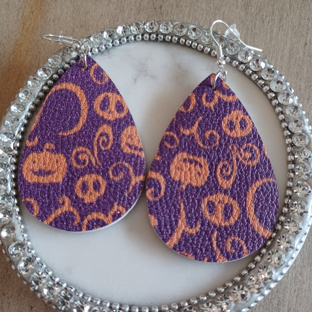 Purple & Orange Pumpkin Skull Leather Teardrop Drop Dangle Earrings